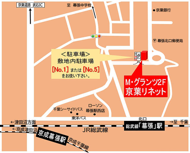 京葉リネットへの案内図　駐車場　敷地内駐車場No.1またはNo.5をお使い下さい。